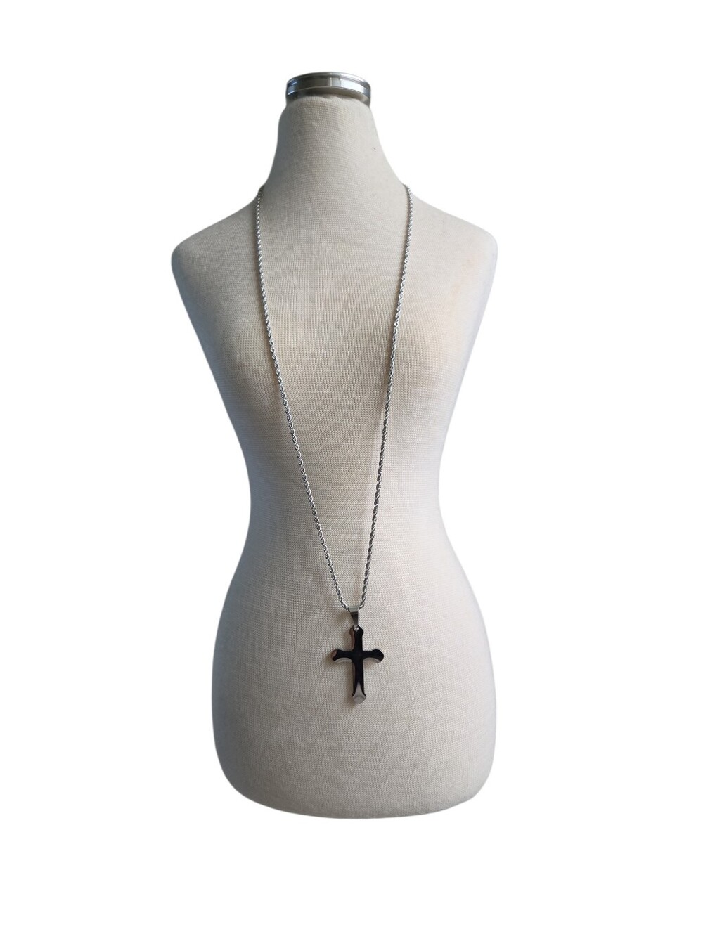 Vintage Long Silver Toned Stainless Steel Chain Necklace Cross Pendant 27" - Picture 1 of 2